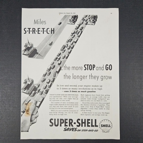 1938 Super-Shell Gasoline Gas Vintage Print Ad Saves On Stop & Go Mancave Garage